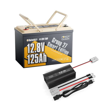 Power Queen 12V 125Ah Group27 Smart Deep Cycle Lithium Battery + 14.6V 20A Charger