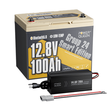 Power Queen 12V 100Ah Group 24 Smart LiFePO4 Battery + 14.6V 20A Charger