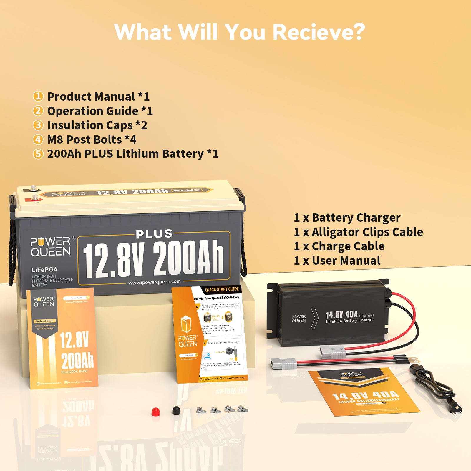 Power Queen 12V 200Ah Plus LiFePO4 Battery + 14.6V 40A Charger