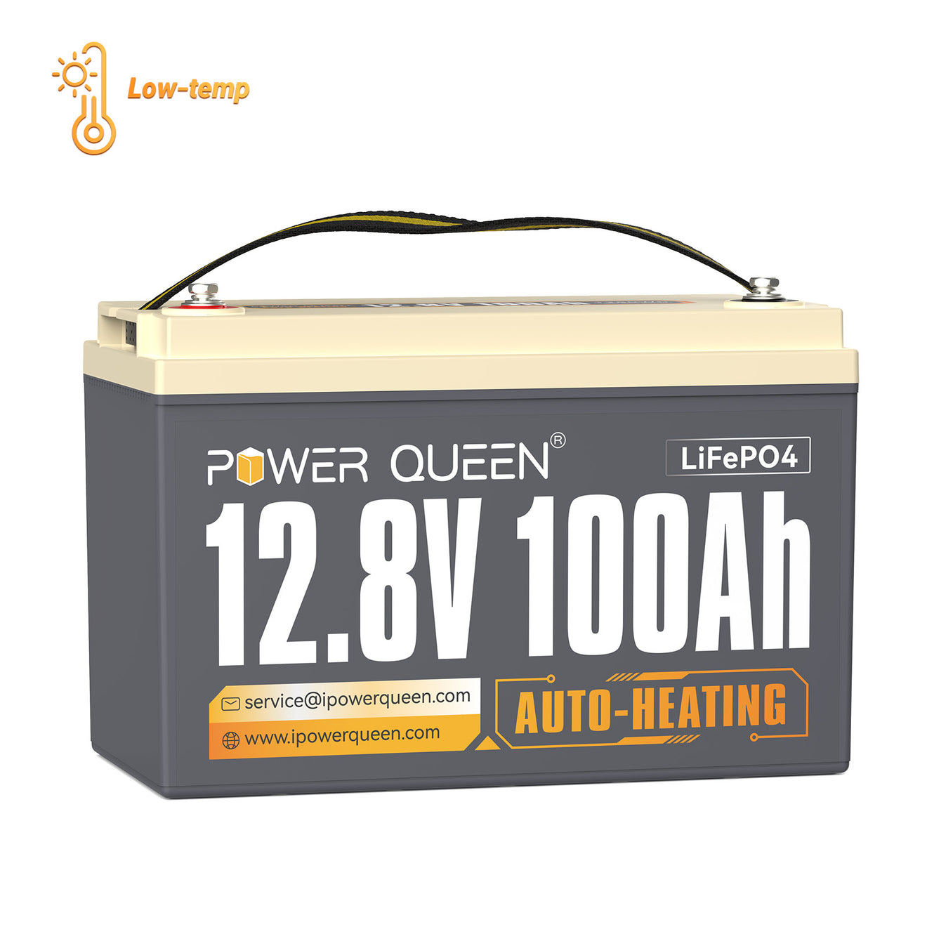 A gray Power Queen 12V 100Ah LiFePO4 battery with auto-heating feature, displaying specifications and brand logo.