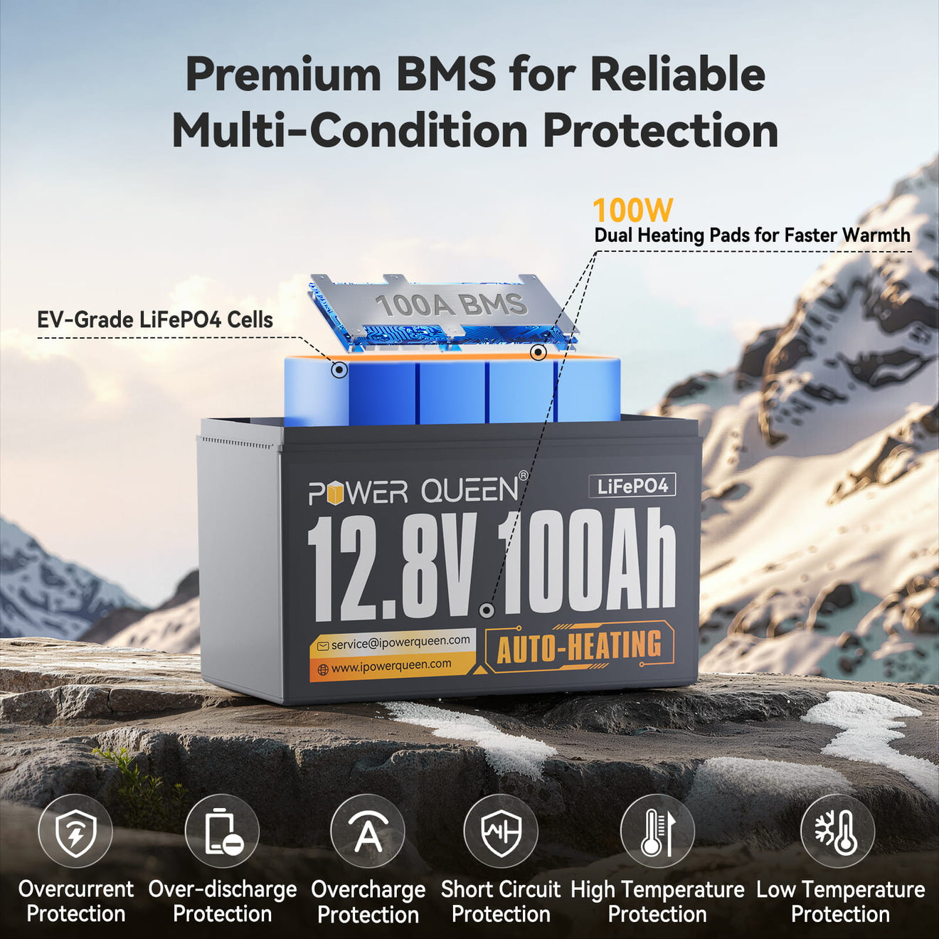 Self-Heating LiFePO4 Battery with 100A BMS