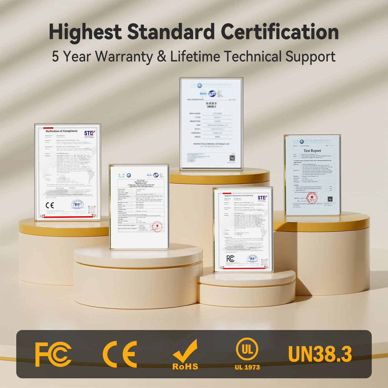 Collection of certifications on display with a beige background