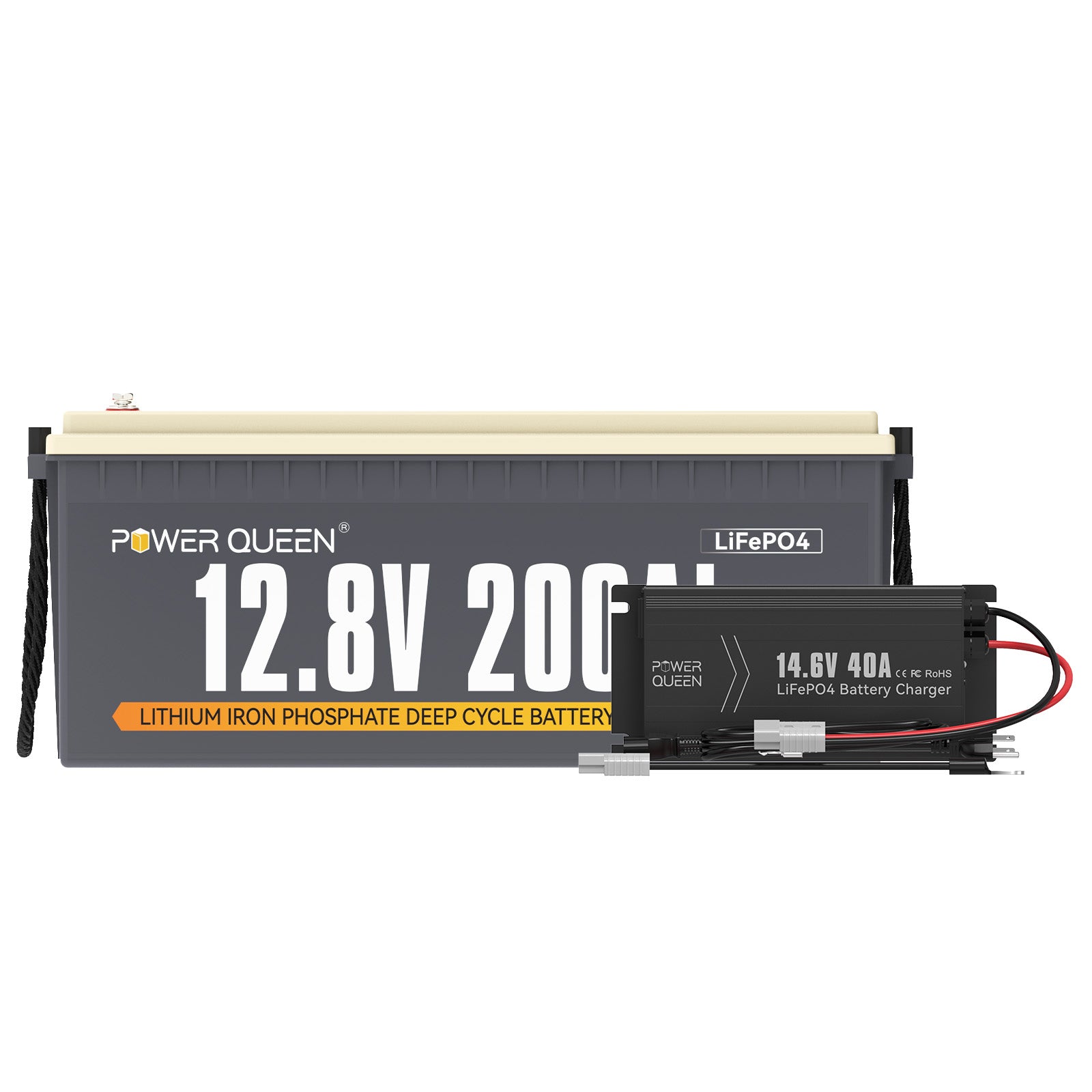 Power Queen 12V 200Ah LiFePO4 Battery + 14.6V 40A Charger