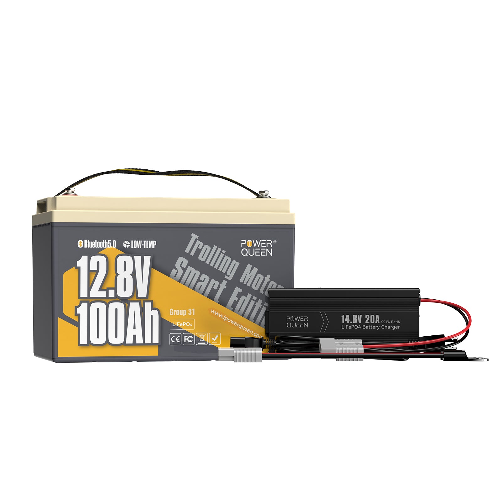 Power Queen 12V 100Ah Low-Temp Smart LiFePO4 Battery + 14.6V 20A Charger