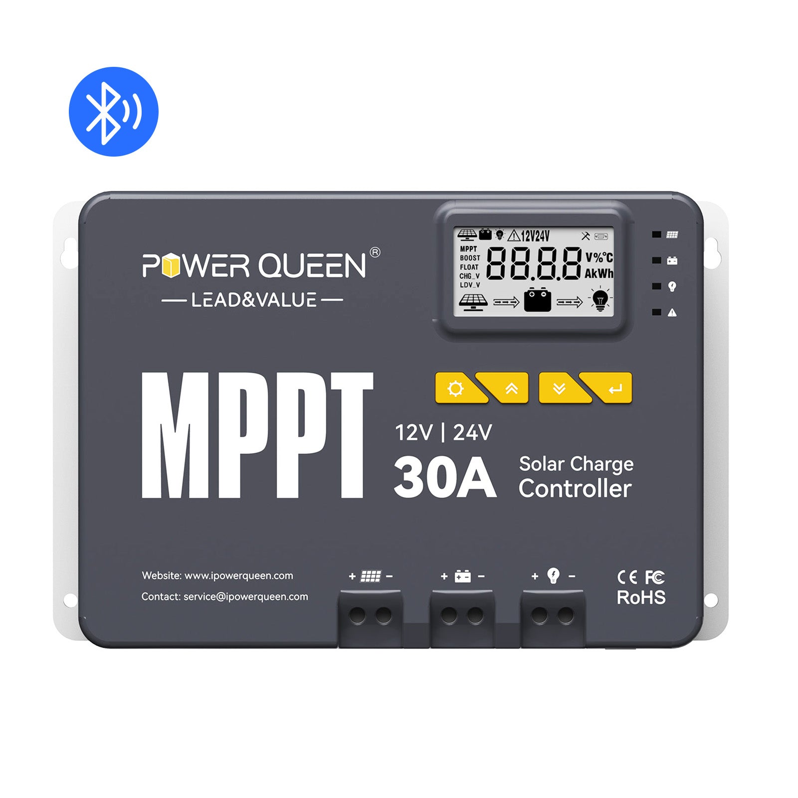 Power Queen 12/24V 30A MPPT Solar Charge Controller Built-In Bluetooth