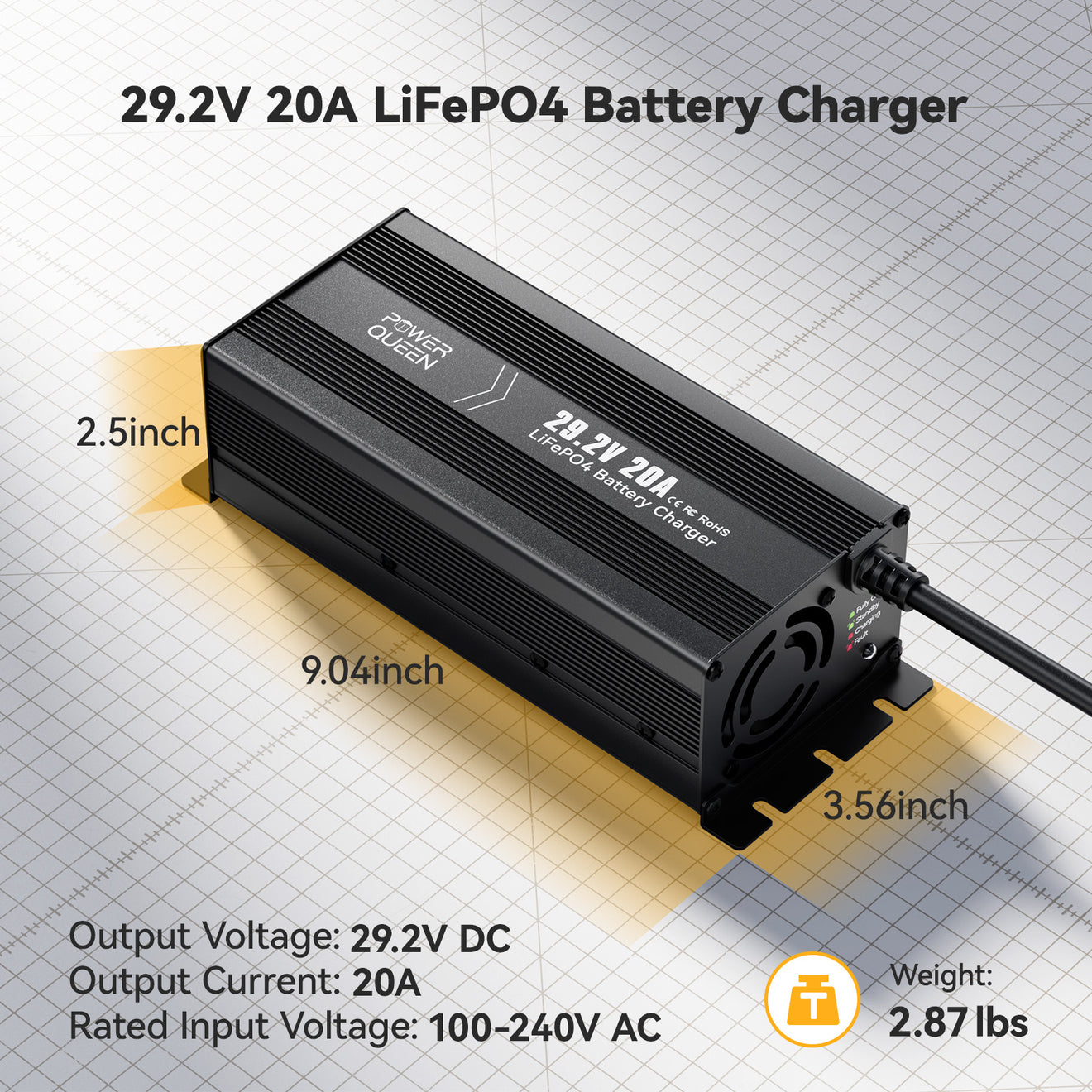 Power Queen 29.2V 20A LiFePO4 charger size and specifications – 9.04 x 3.56 x 2.5 inches, 2.87 lbs