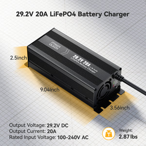 Power Queen 29.2V 20A LiFePO4 charger size and specifications – 9.04 x 3.56 x 2.5 inches, 2.87 lbs