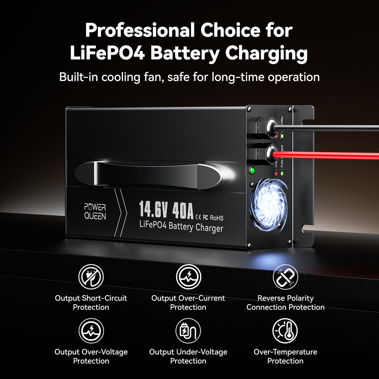 Power Queen 14.6V 40A LiFePO4 Battery Charger for 12V LiFePO4 Battery