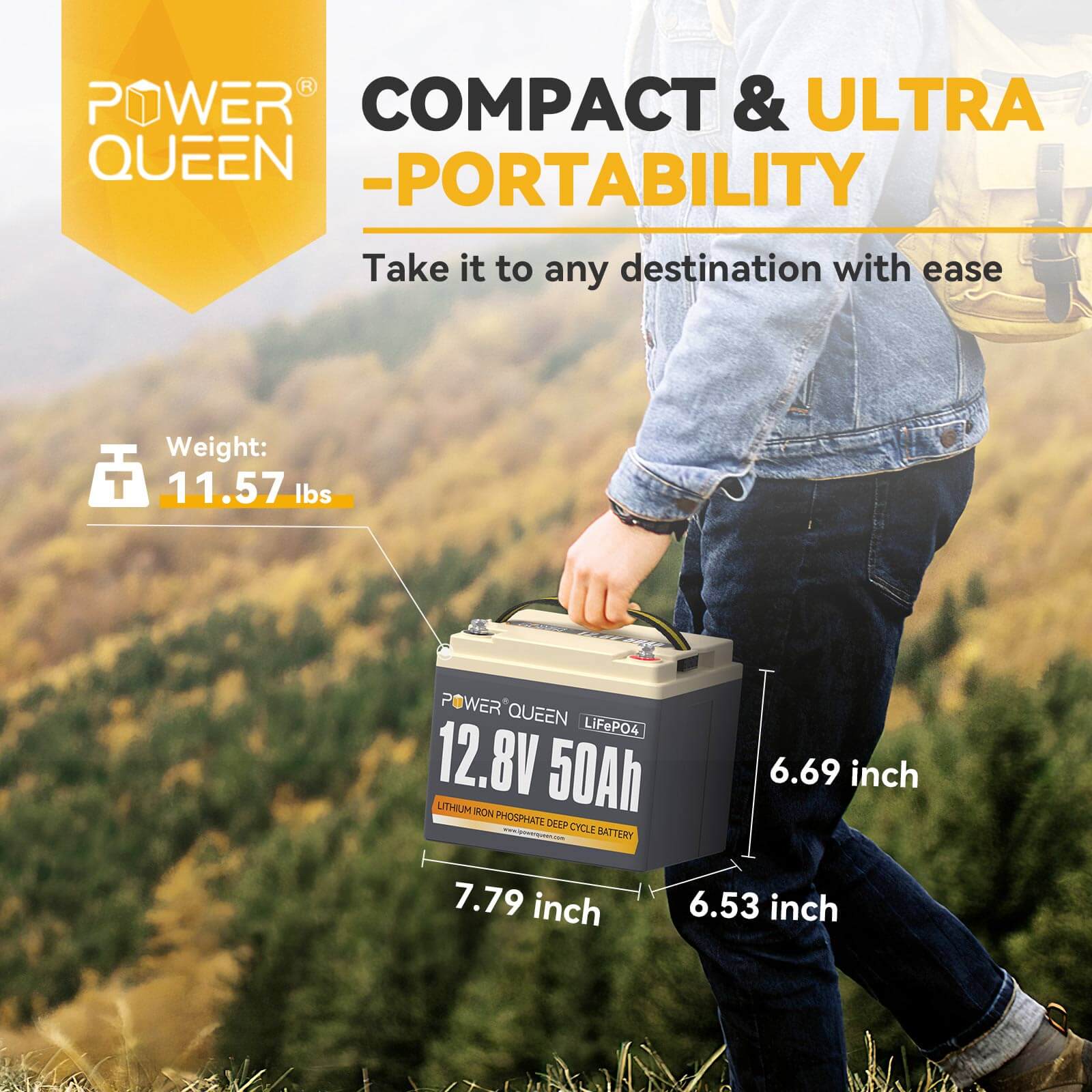 Power Queen 12.8V 50Ah LiFePO4 Battery + 14.6V 10A Charger