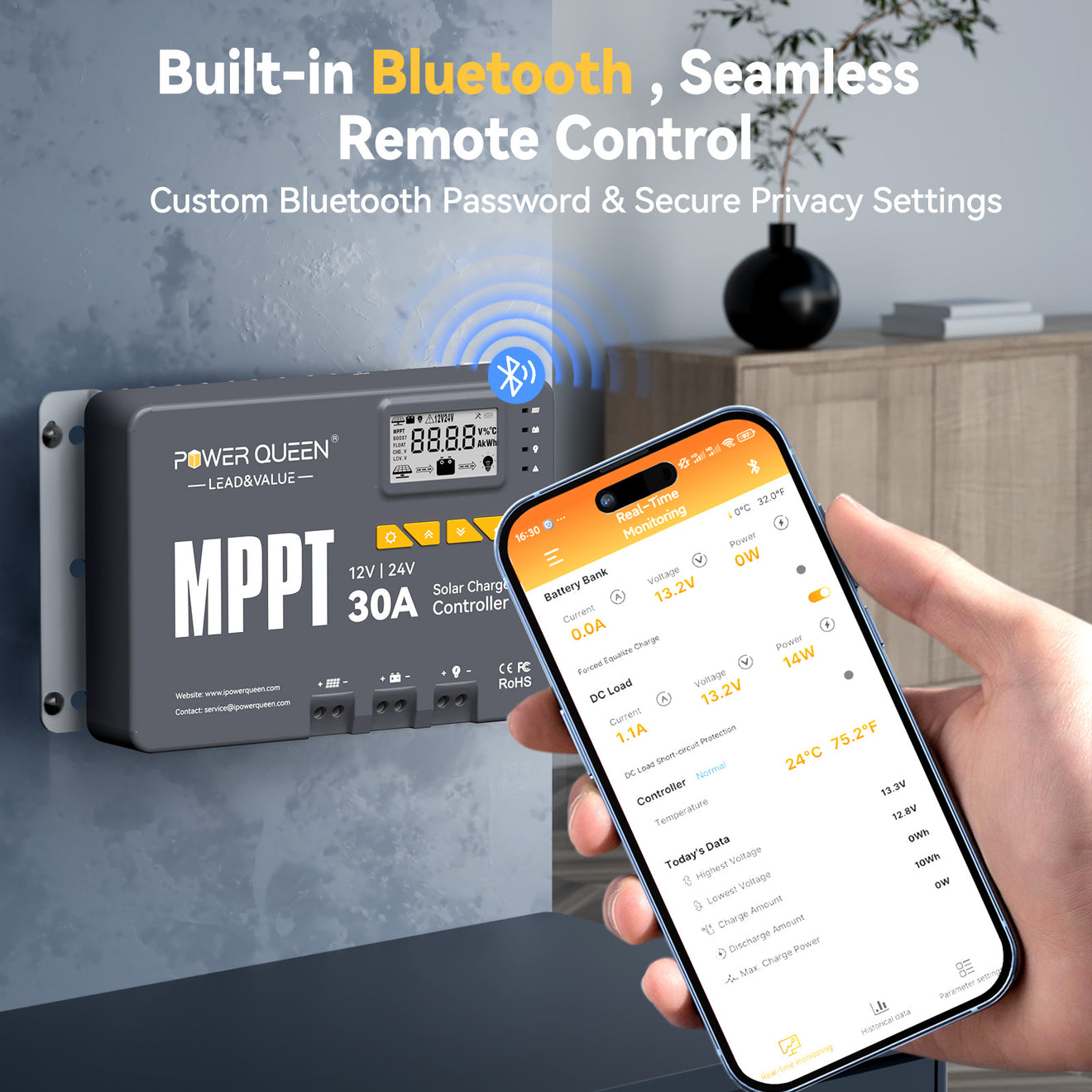 Contrôleur de charge solaire MPPT Power Queen 12/24 V 30 A et adaptateur Bluetooth