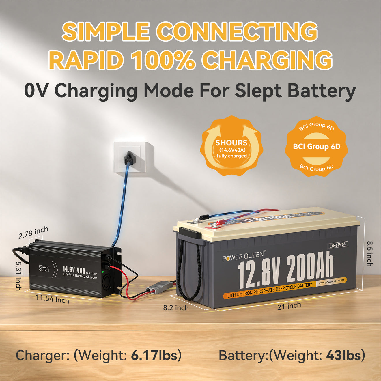 Power Queen 12V 200Ah LiFePO4 Battery + 14.6V 40A Charger
