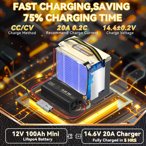 Power Queen 12V 100Ah Mini LiFePO4 Battery+14.6V 20A charger