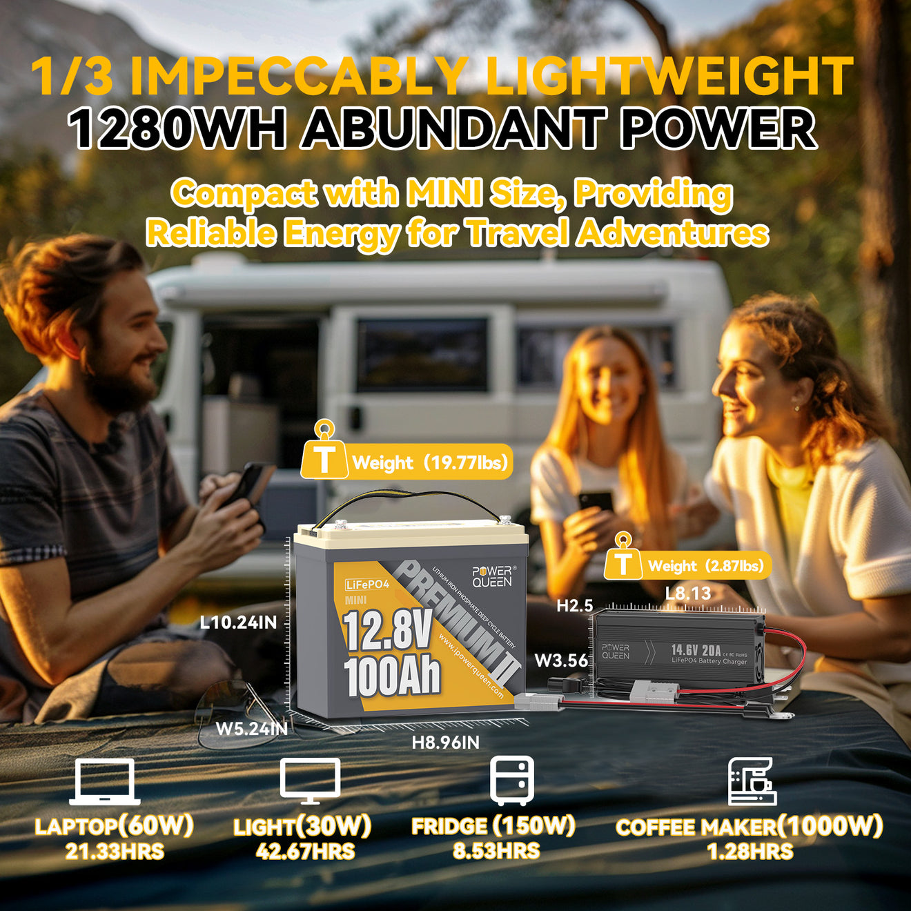 Batterie LiFePO4 Power Queen 12 V 100 Ah Mini + chargeur 14,6 V 20 A