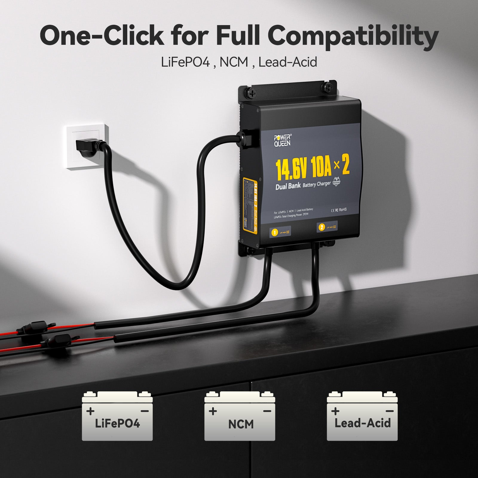 Chargeur de batterie Power Queen 14,6 V 20 A LiFePO4 pour batterie 12 V LiFePO4 