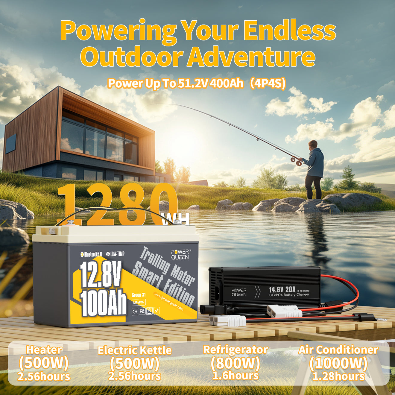 Batterie LiFePO4 intelligente basse température Power Queen 12 V 100 Ah + chargeur 14,6 V 20 A