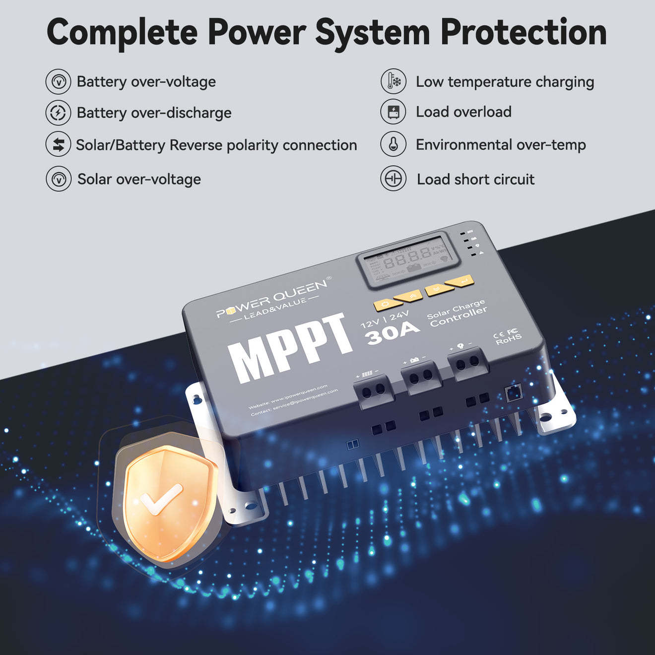 Contrôleur de charge solaire MPPT Power Queen 12/24 V 30 A et adaptateur Bluetooth