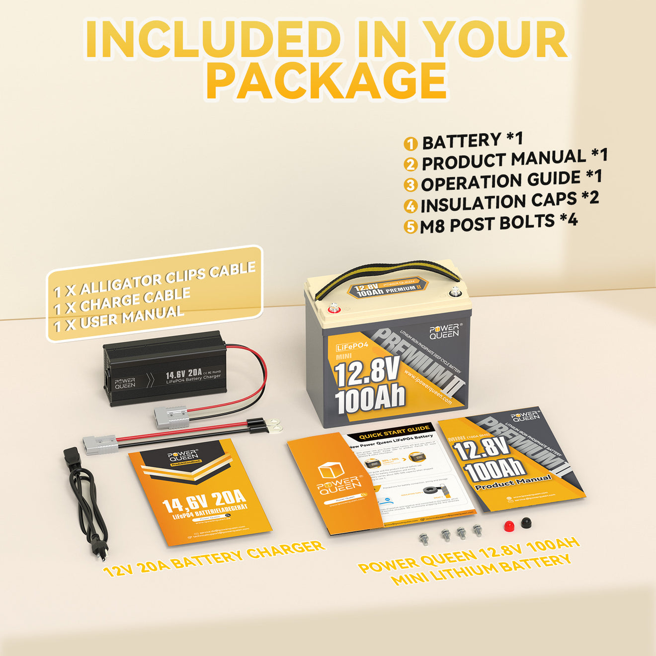 Power Queen 12V 100Ah Mini LiFePO4 Battery+14.6V 20A charger