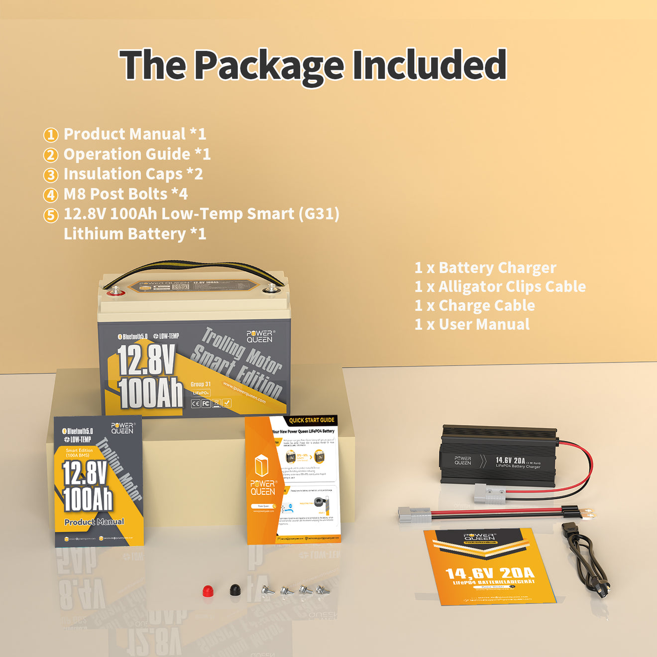 Batterie LiFePO4 intelligente basse température Power Queen 12 V 100 Ah + chargeur 14,6 V 20 A