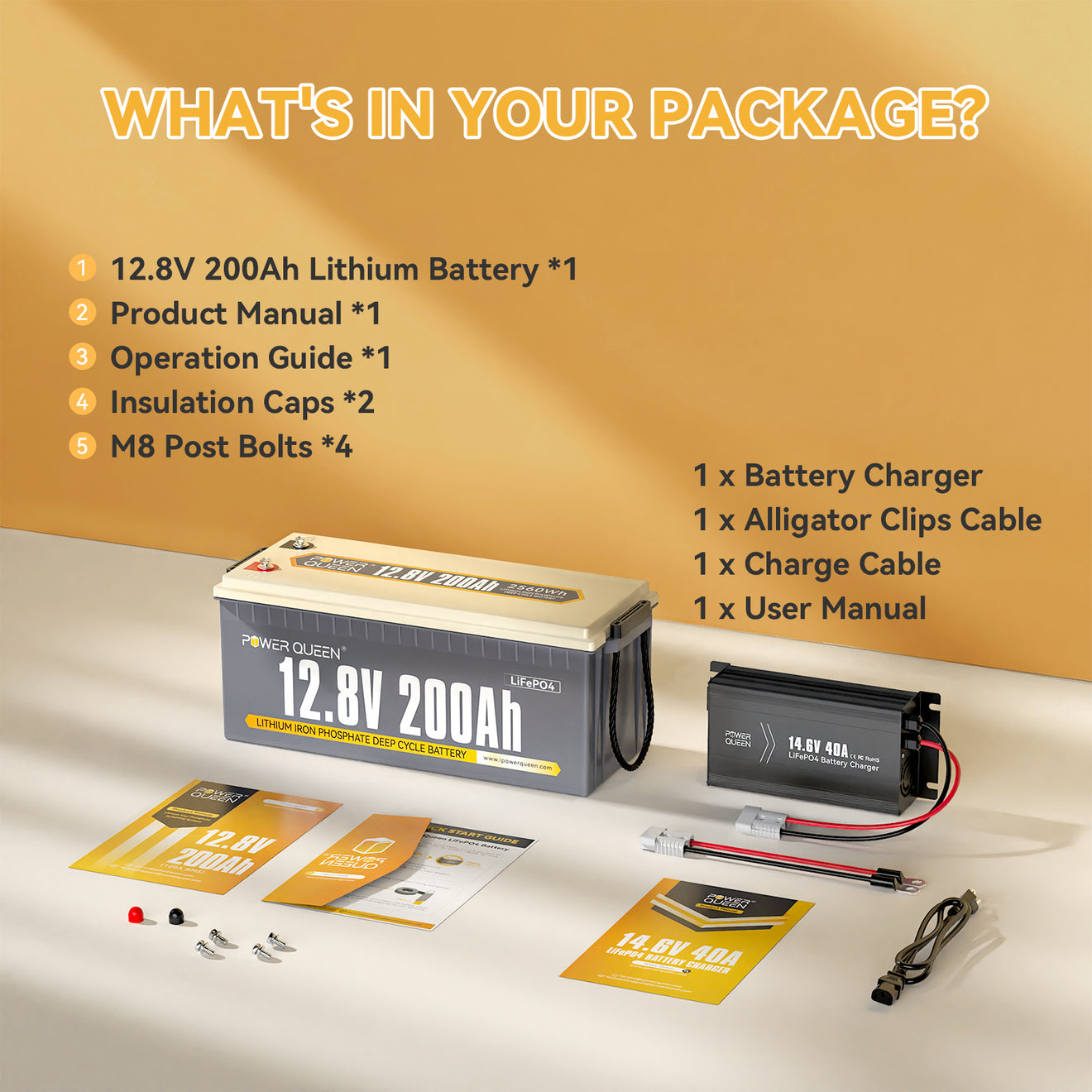 Power Queen 12V 200Ah LiFePO4 Battery + 14.6V 40A Charger