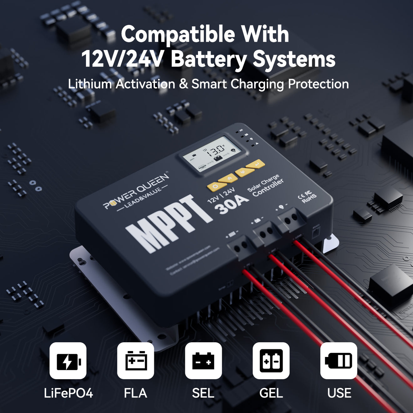 Contrôleur de charge solaire MPPT Power Queen 12/24 V 30 A et adaptateur Bluetooth