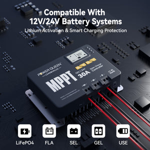 Contrôleur de charge solaire MPPT Power Queen 12/24 V 30 A et adaptateur Bluetooth