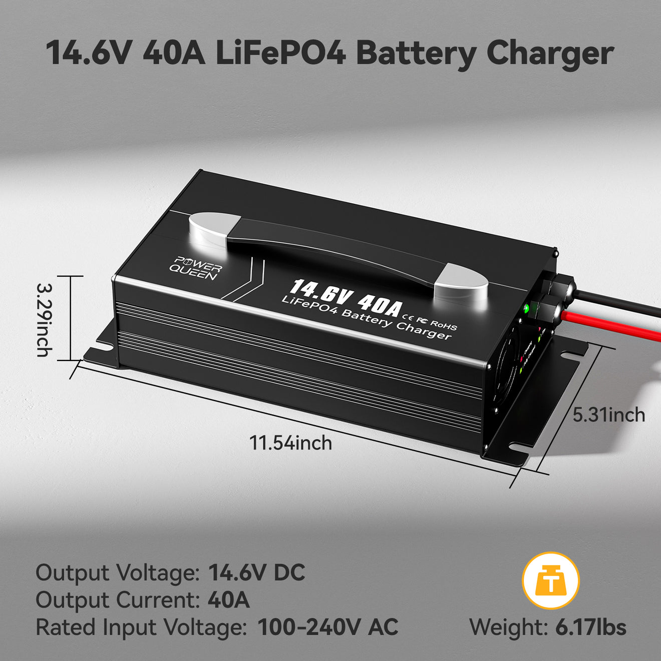 Power Queen 14.6V 40A LiFePO4 Battery Charger for 12V LiFePO4 Battery
