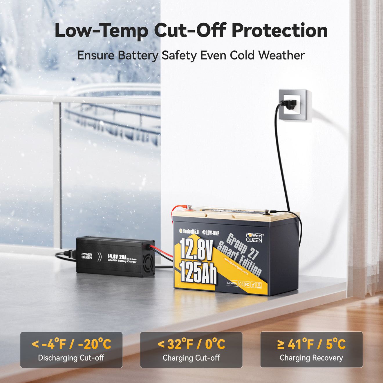 Power Queen 12V 125Ah Group27 Smart Deep Cycle Lithium Battery