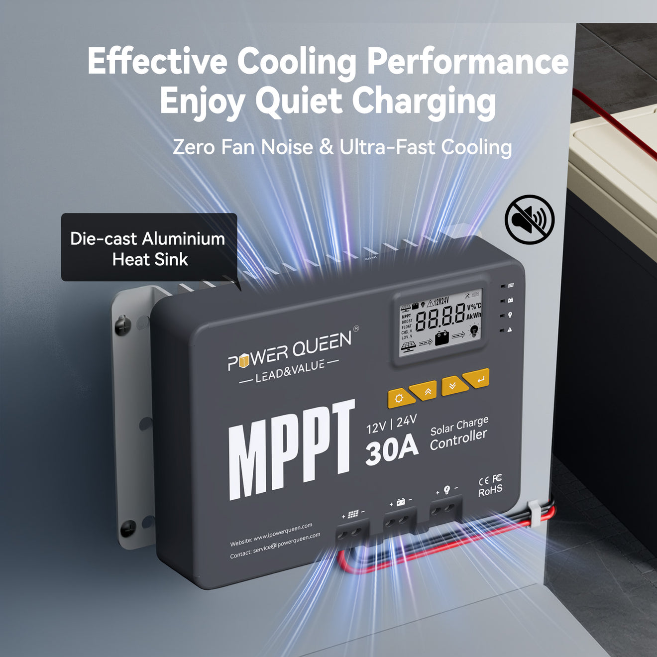Contrôleur de charge solaire MPPT Power Queen 12/24 V 30 A et adaptateur Bluetooth