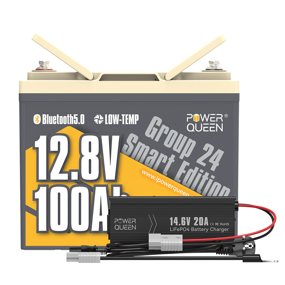 Power Queen 12V 100Ah Group 24 Smart LiFePO4 Battery + 14.6V 20A Charger