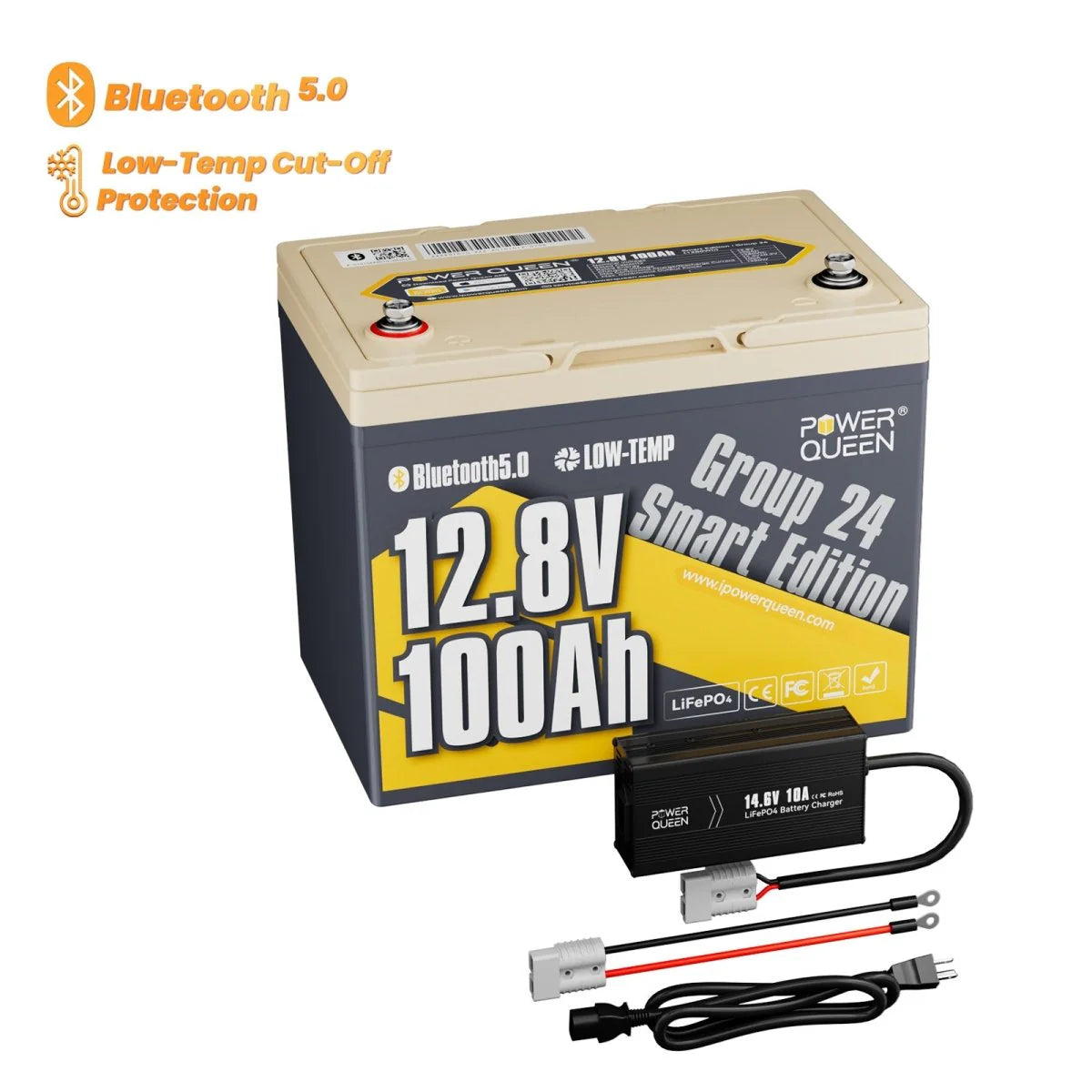 Power Queen 12V 100Ah Group 24 Smart Deep Cycle Lithium Battery