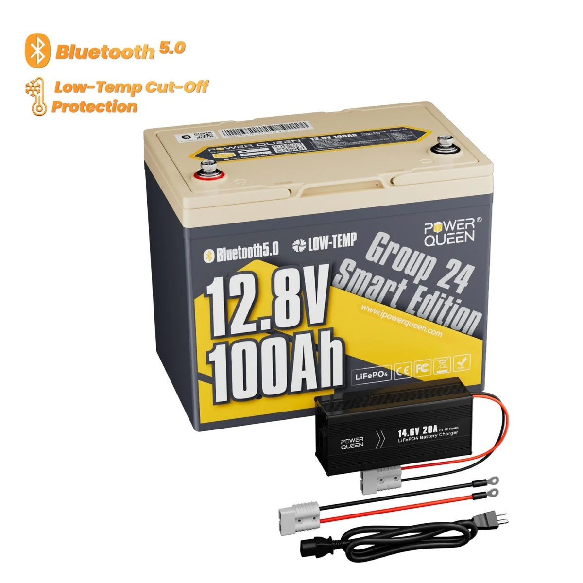 Power Queen 12V 100Ah Group 24 Smart Deep Cycle Lithium Battery