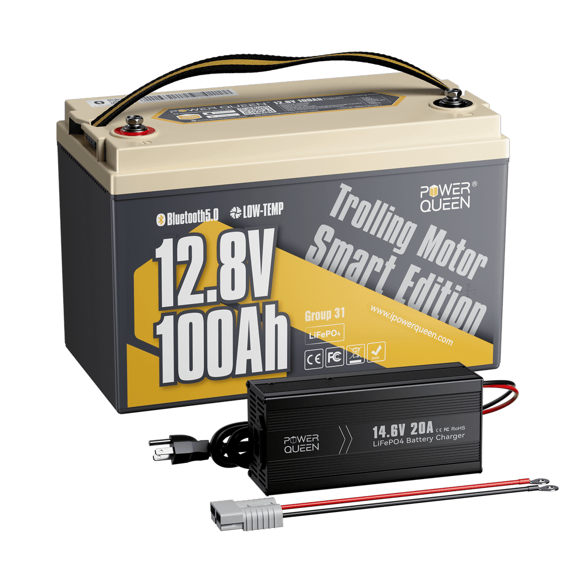 Batterie LiFePO4 intelligente basse température Power Queen 12 V 100 Ah + chargeur 14,6 V 20 A
