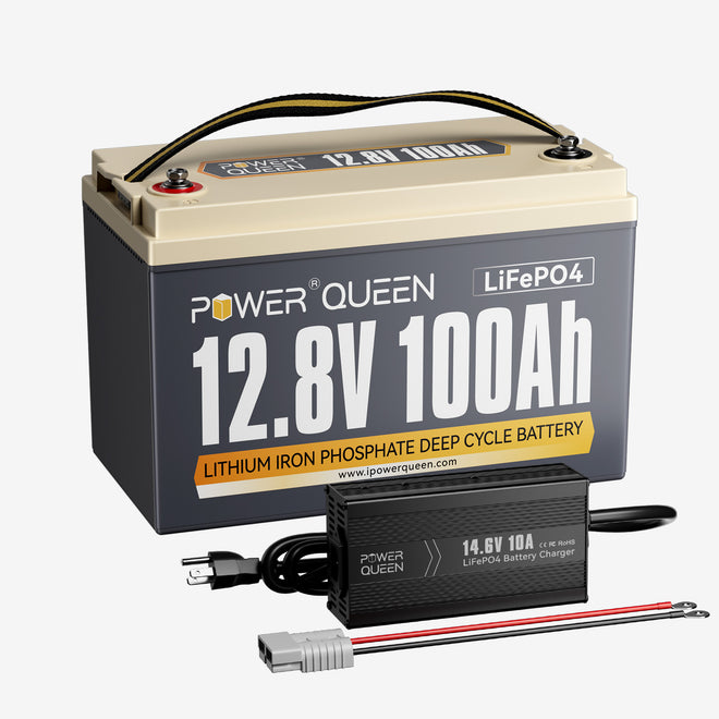 Power Queen 12V 100Ah LiFePO4 Battery + 14.6V 10A Charger