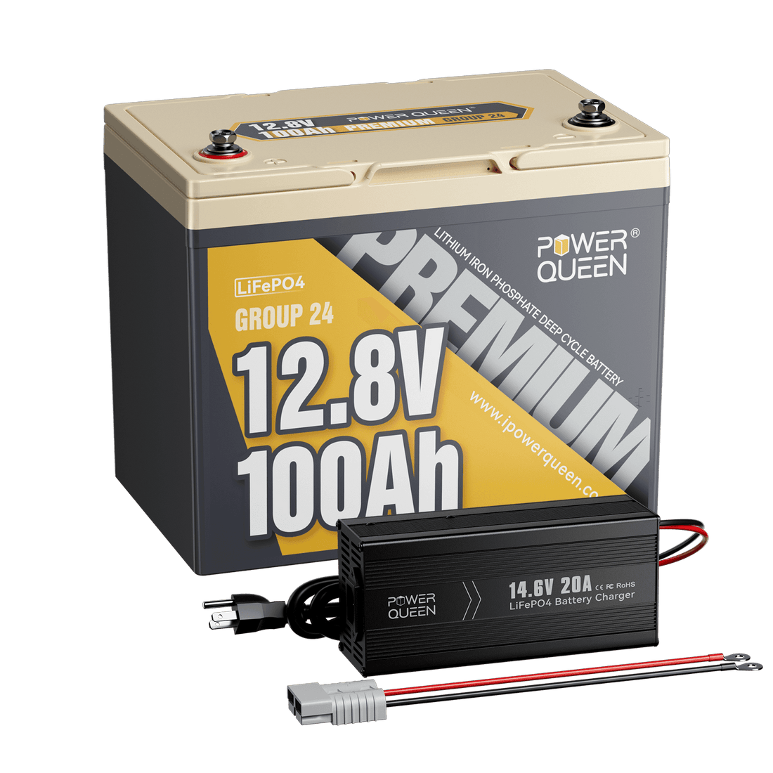 Batterie LiFePO4 Power Queen 12 V 100 Ah Groupe 24 + chargeur 14,6 V 20 A