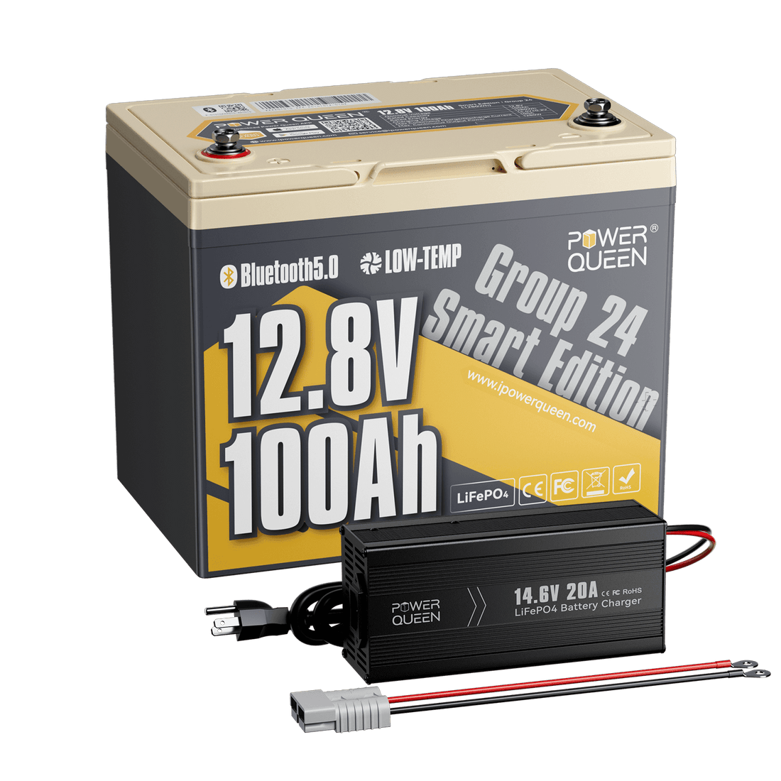 Batterie LiFePO4 intelligente Power Queen 12 V 100 Ah Groupe 24 + chargeur 14,6 V 20 A