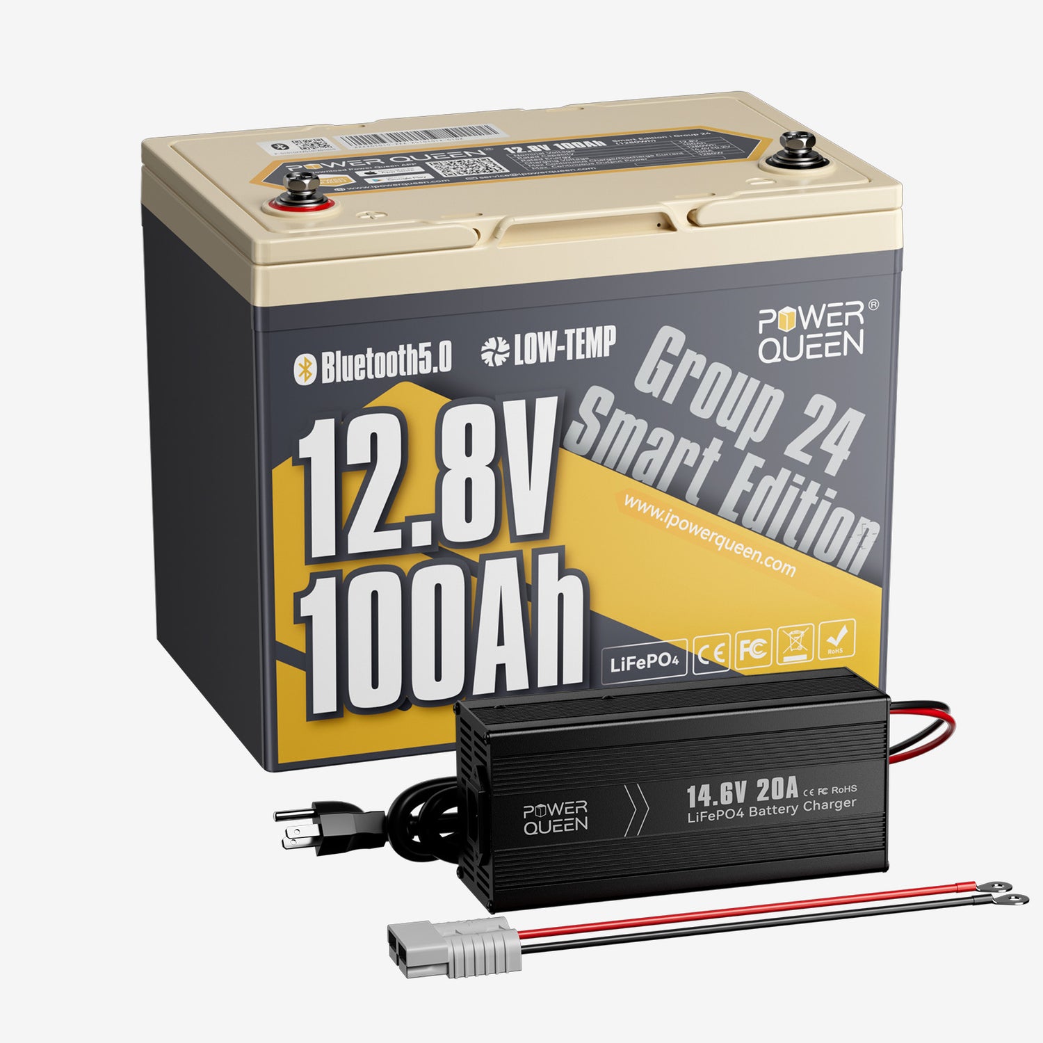 Power Queen 12V 100Ah Group 24 Smart LiFePO4 Battery + 14.6V 20A Charger