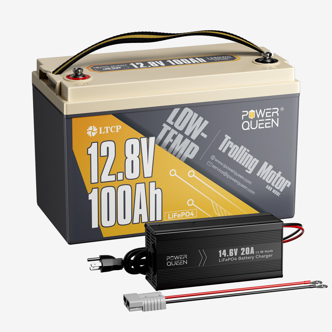 Power Queen 12V 100Ah Low-Temp LiFePO4 Battery + 14.6V 20A Charger