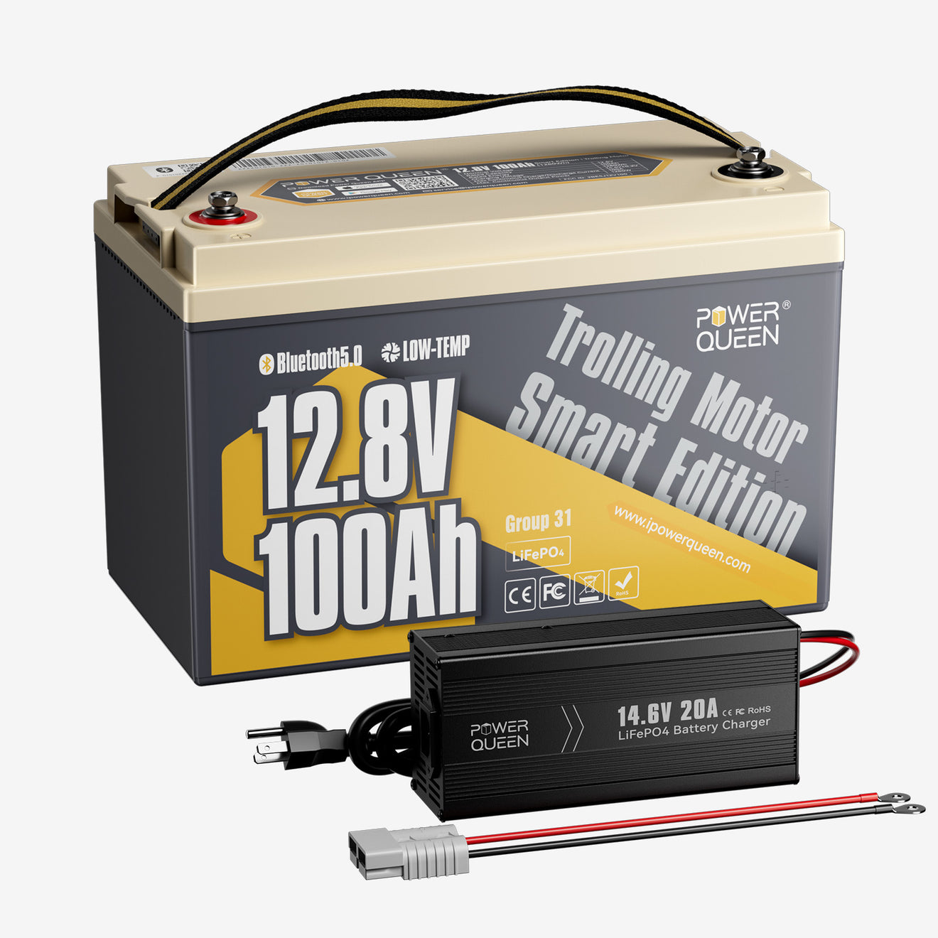Power Queen 12V 100Ah Low-Temp Smart LiFePO4 Battery + 14.6V 20A Charger