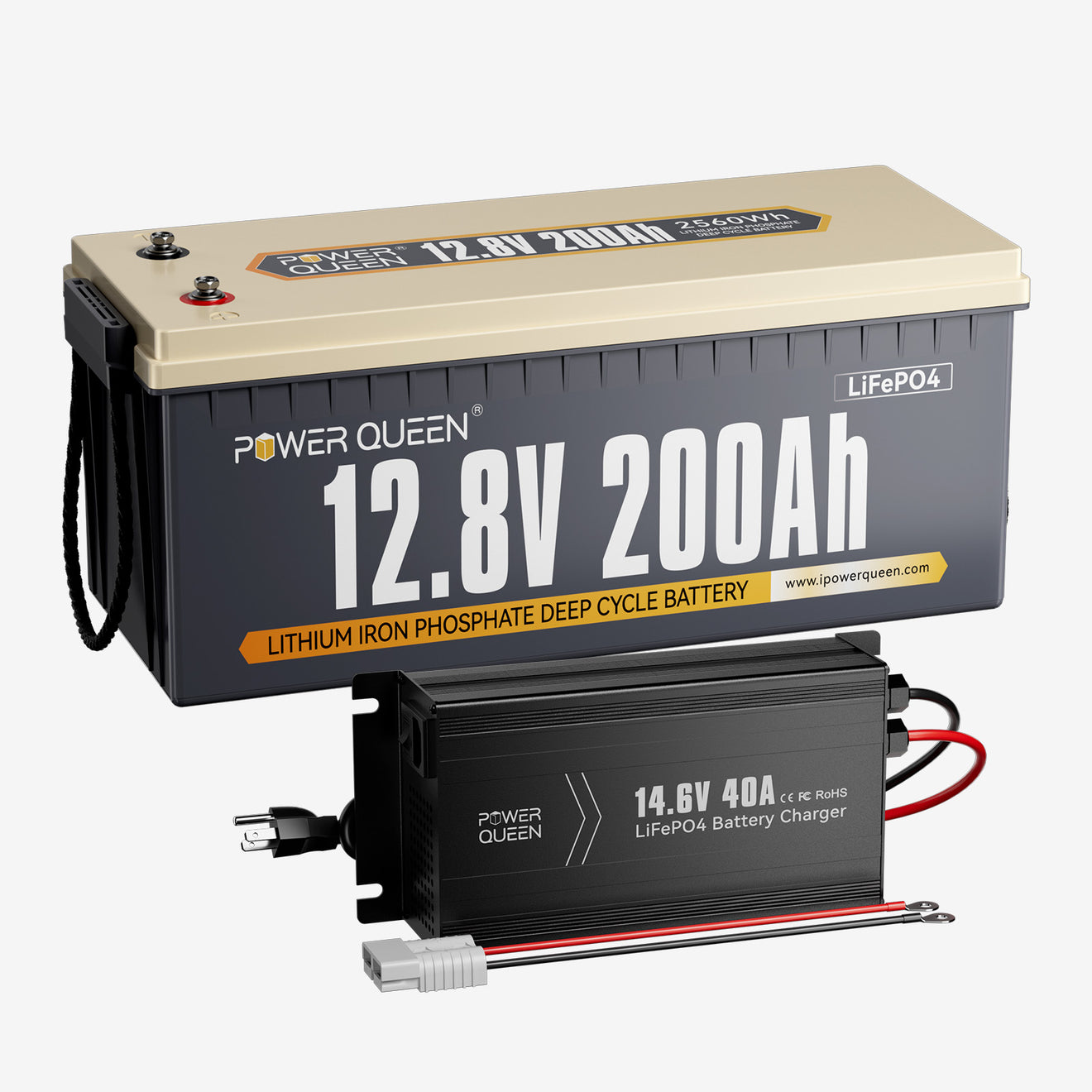Batterie LiFePO4 Power Queen 12 V 200 Ah Plus + chargeur 14,6 V 40 A