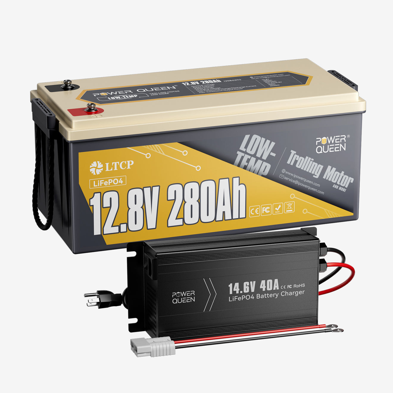 Power Queen 12V 280Ah Low-Temp LiFePO4 Battery + 14.6V 40A Charger