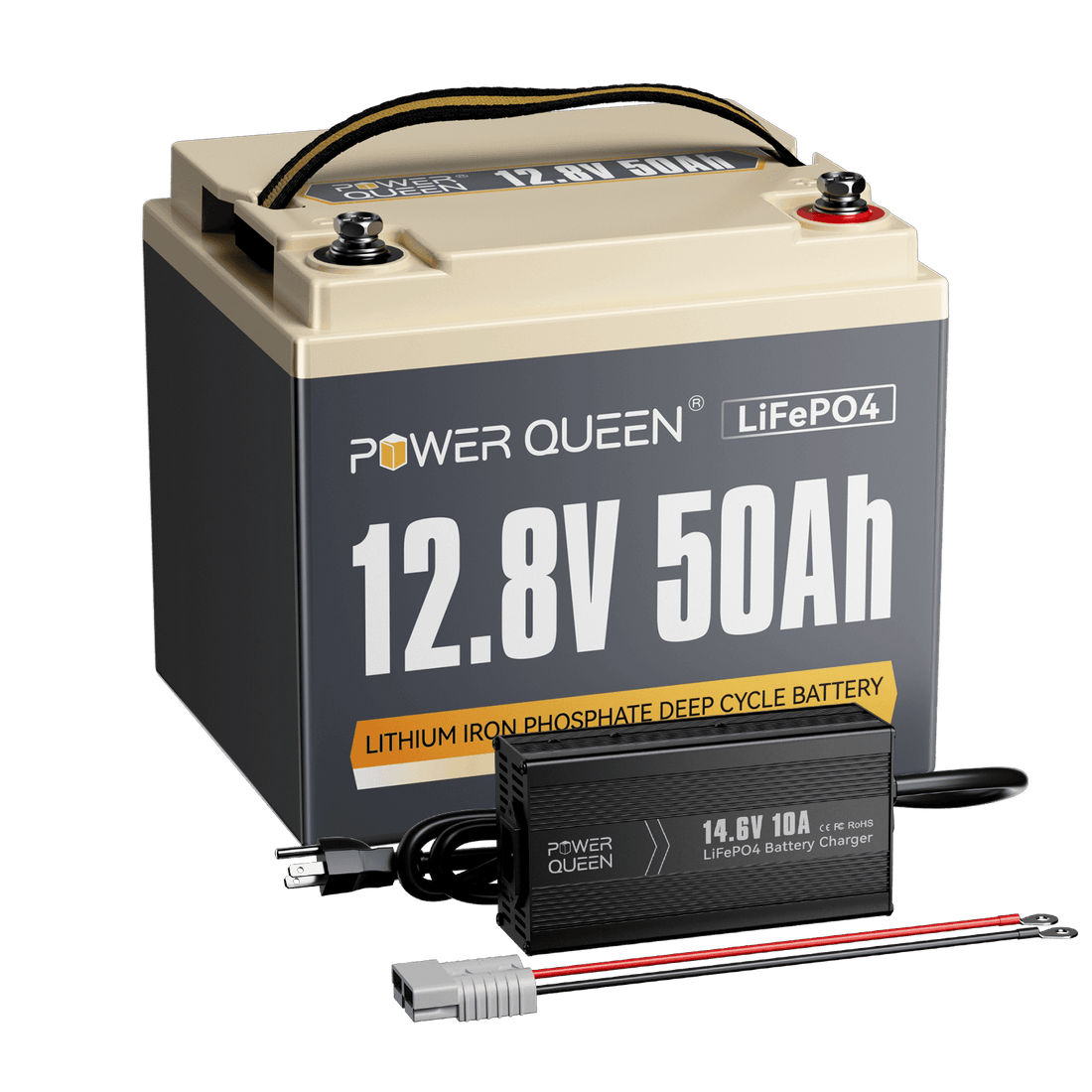Power Queen 12V 50Ah LiFePO4 Battery + 14.6V 10A Charger