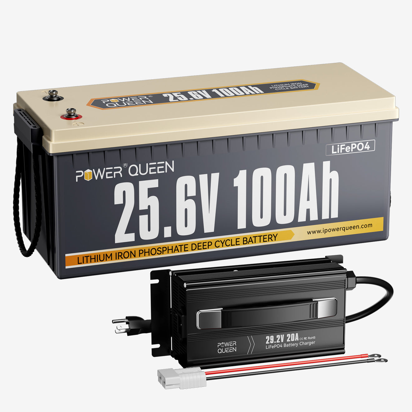 Power Queen 24V 100Ah LiFePO4 Battery + 29.2V 20A Charger
