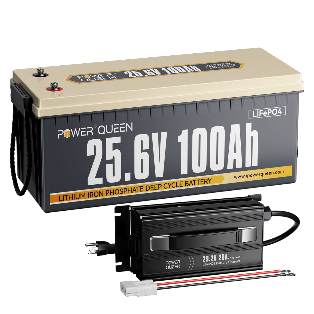 Power Queen 24V 100Ah LiFePO4 Battery + 29.2V 20A Charger