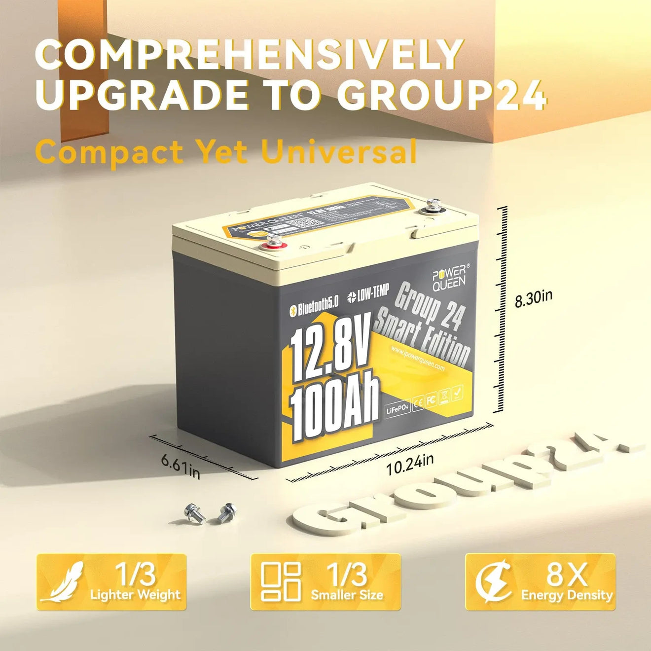 Power-Queen-12V-100Ah-Group-24-Smart-LiFePO4-Battery-dimension