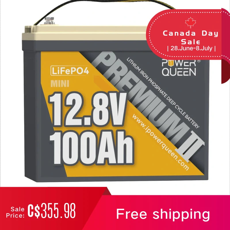 Power-Queen-12V-100Ah-LiFePO4-Battery-with-mini-battery-deminsion-Canada-day-sale-355.98-CAD