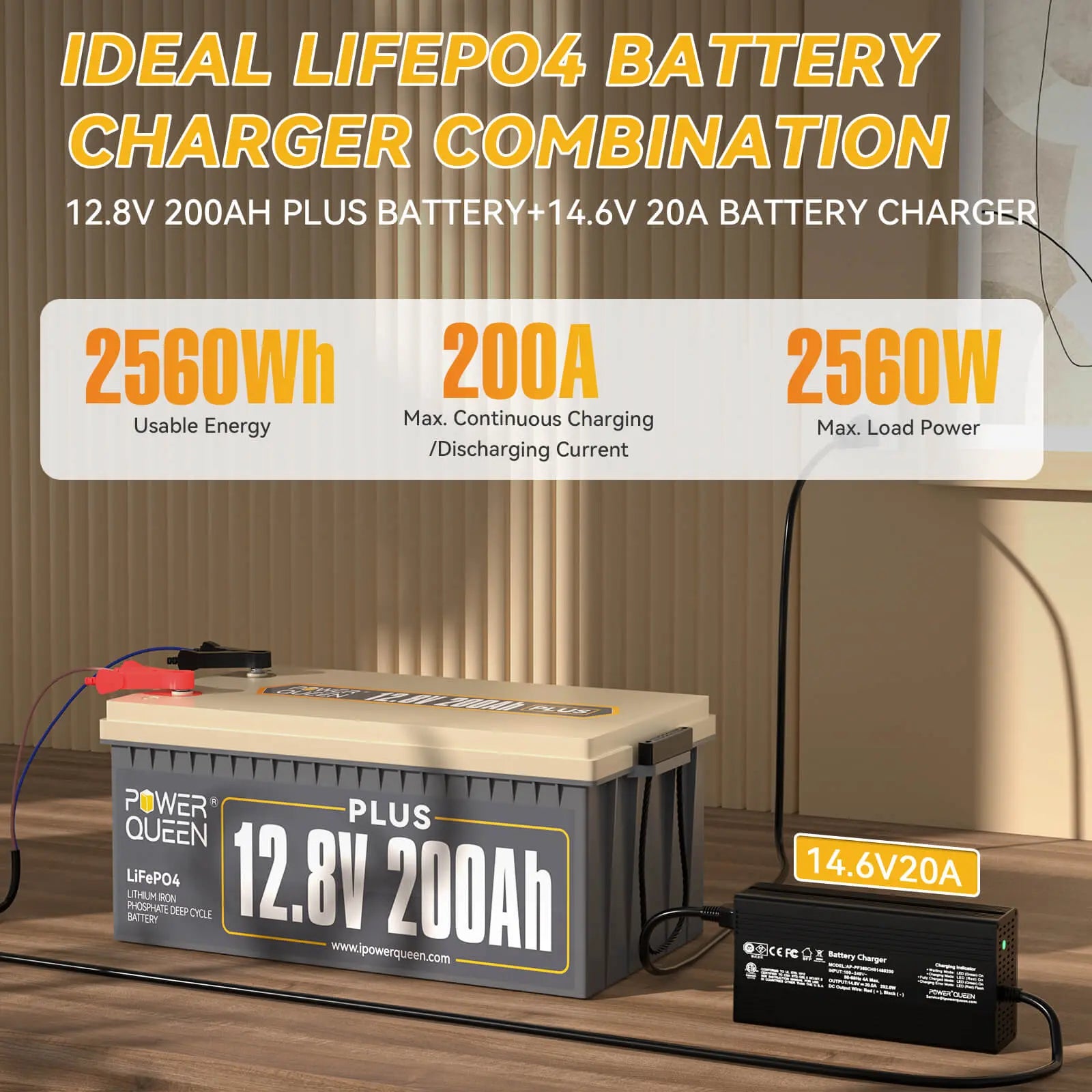 Power-Queen-12V-200Ah-Plus-LiFePO4-Battery-with-20A-LiFePO4-Battery-Charger-2560W-Max-Load