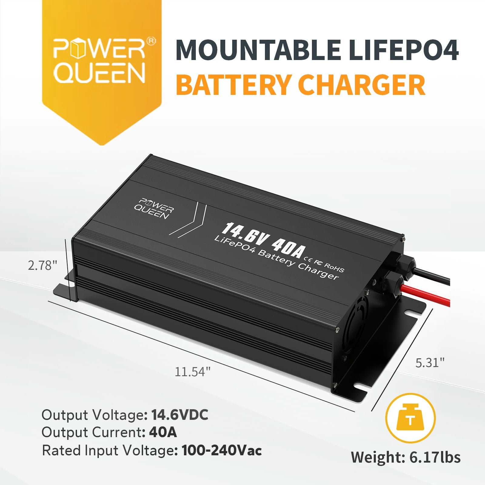 Power Queen 14.6V 40A LiFePO4 Battery Charger for 12V LiFePO4 Battery