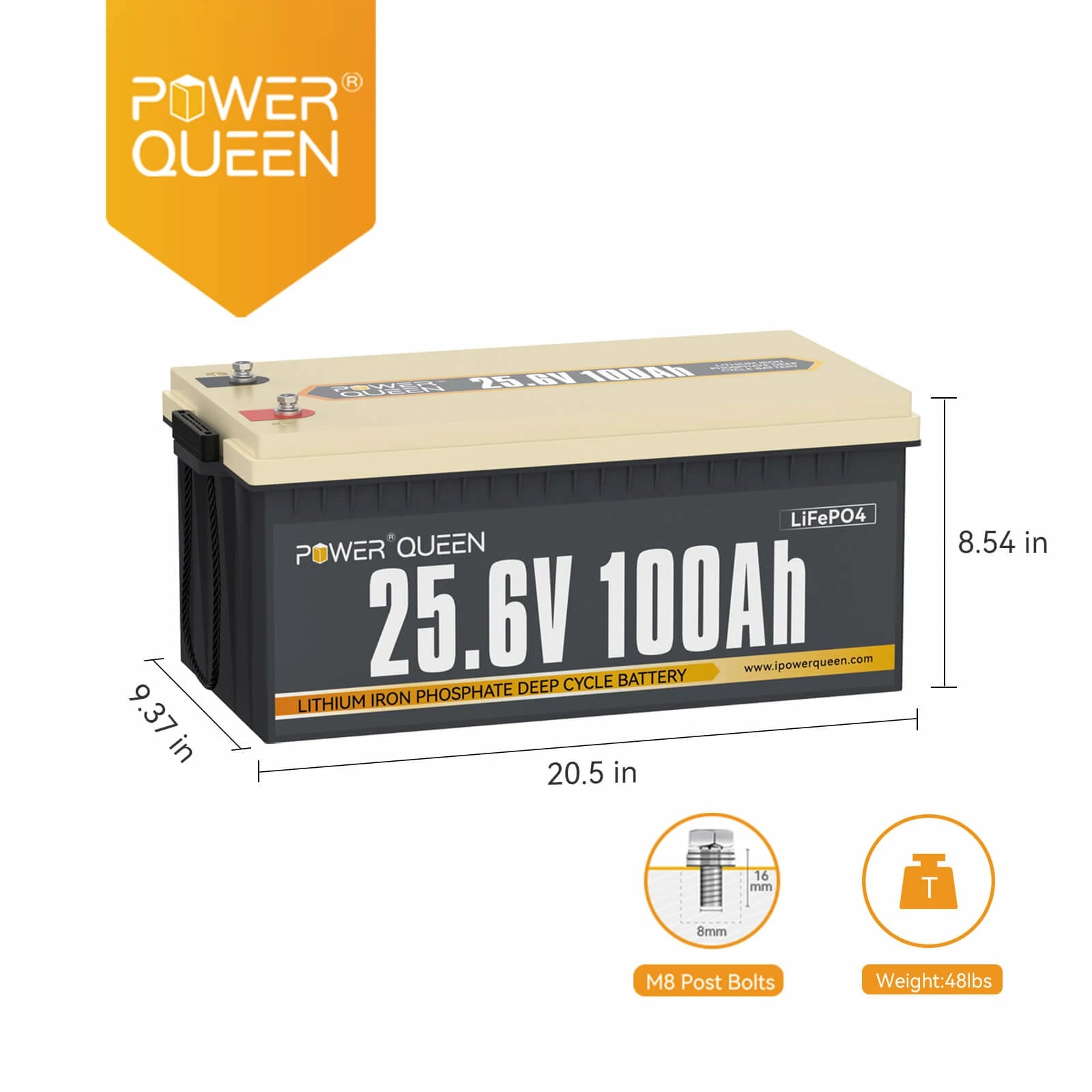 Power-Queen-24volt-100Ah-Lithium-iron-phosphate-battery-dimension