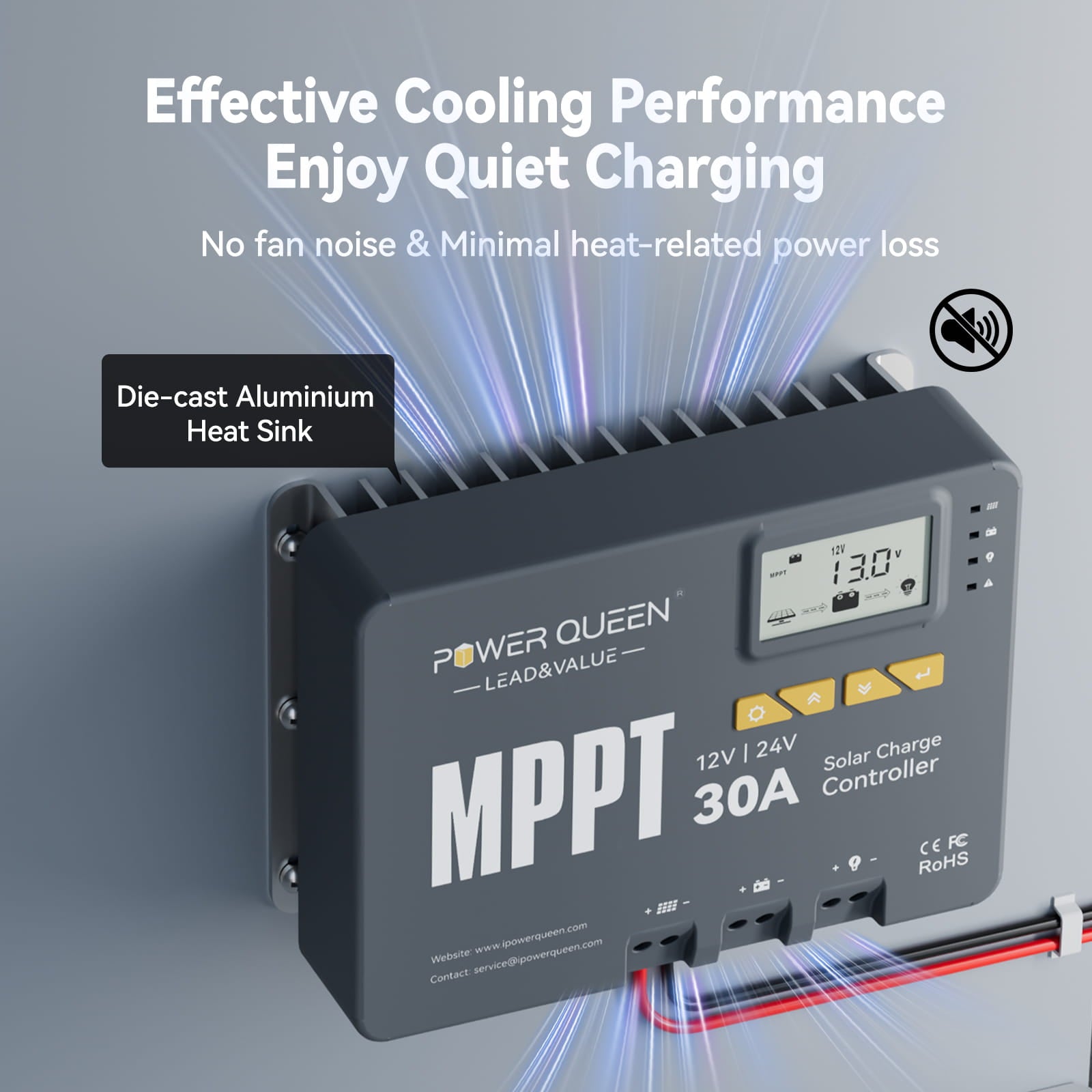 Quiet 30A MPPT solar controller with cooling for RV use in Canada