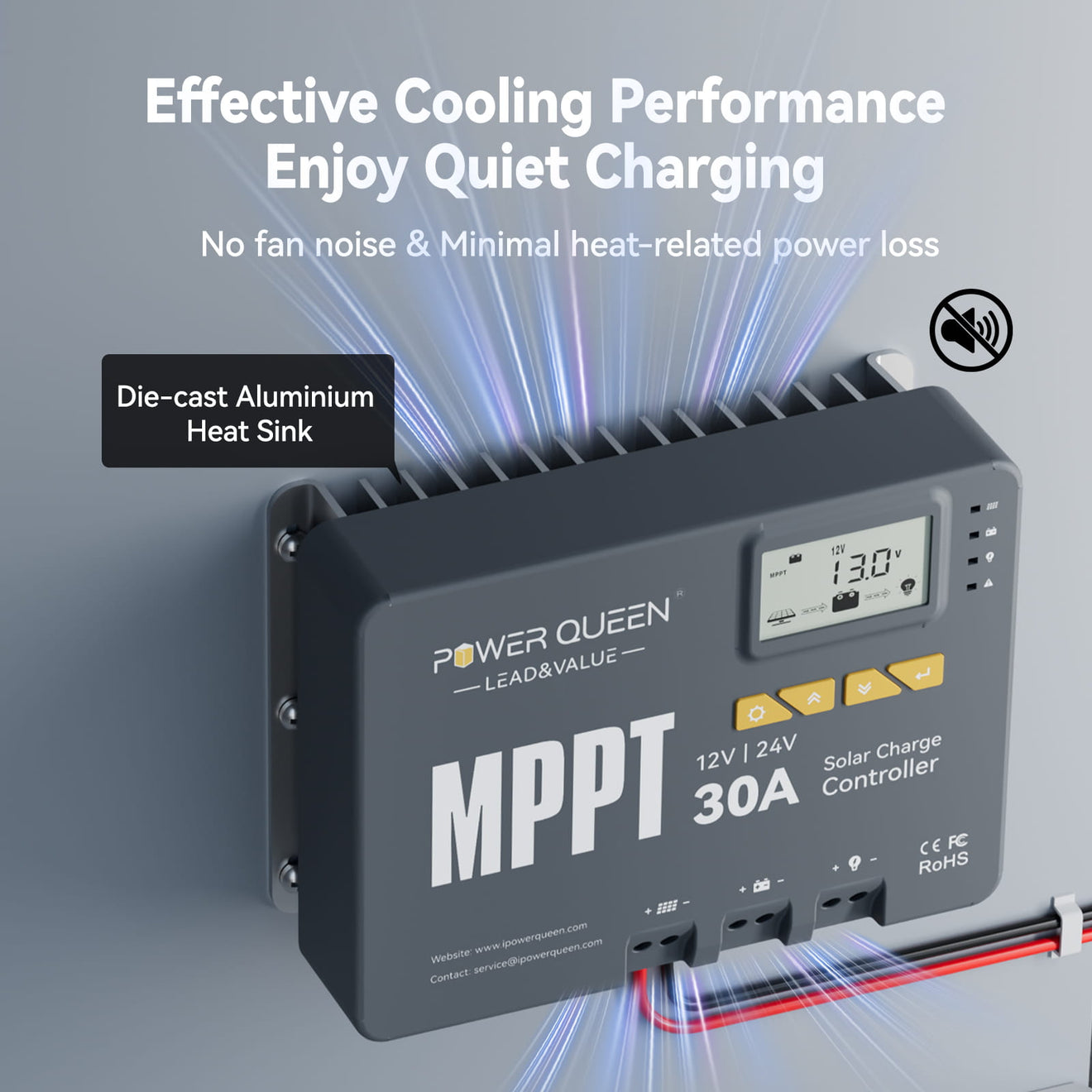 Quiet 30A MPPT solar controller with cooling for RV use in Canada